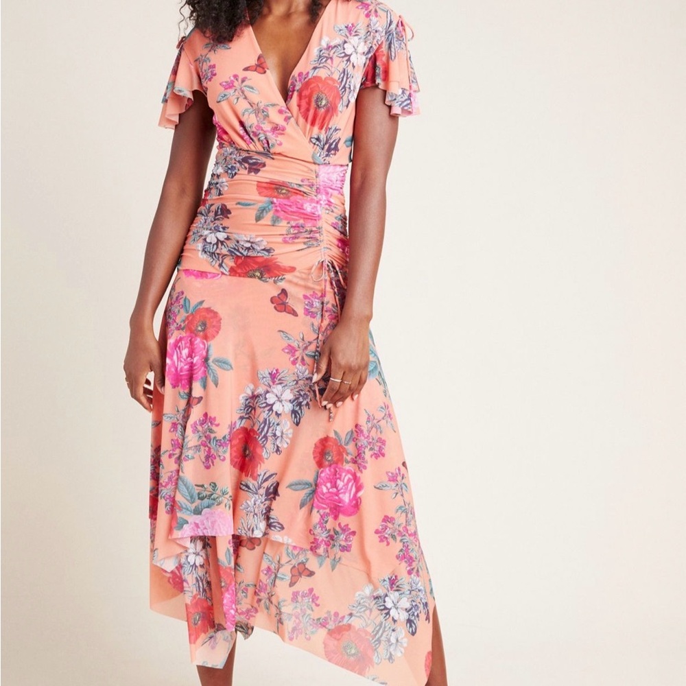 Anthropologie Maeve Asymmetrical Floral Dress in Pink and Red
